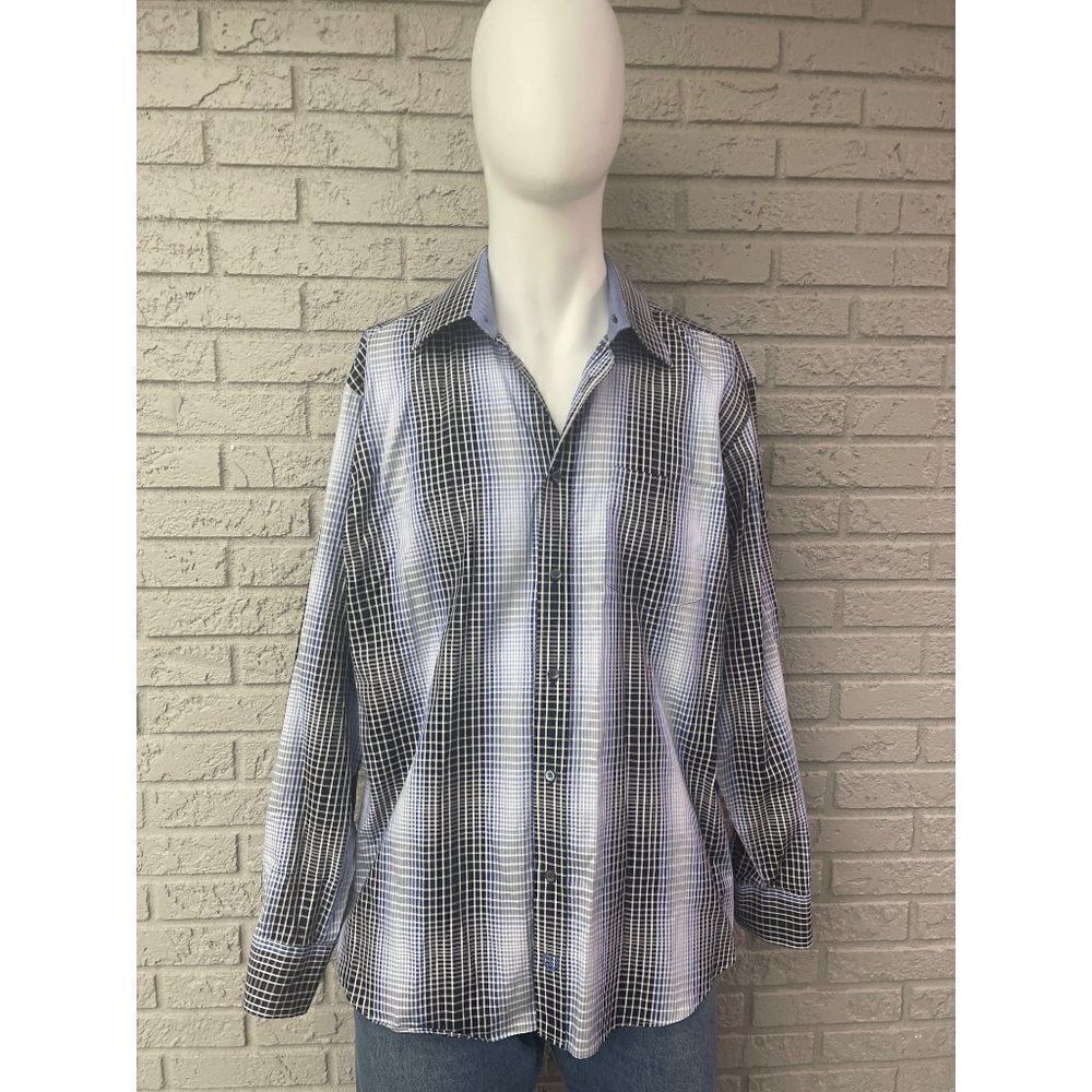 Bugatchi Blue Striped Plaid Long Sleeve Shirt Size XL